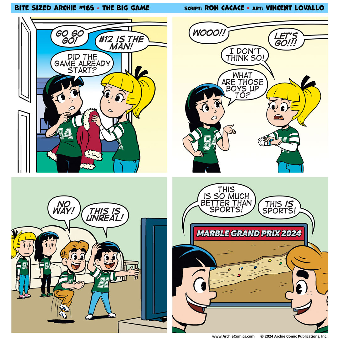 A BITE SIZED ARCHIE comic strip featuring Betty, Veronica, Archie, and Jughead. Betty and Veronica think the boys are watching the Super Bowl in the other room but they're actually watching the Marble Grand Prix.