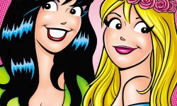 Betty and Veronica smile at the viewer, wearing homemade flower crowns to celebrate Spring.