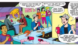 Jughead, Betty, and Veronica are in Pop's Chocklit Shoppe, which is full of monsters, including a werewolf and a tentacle monster. The girls say they have to investigate what's going on in the basement.