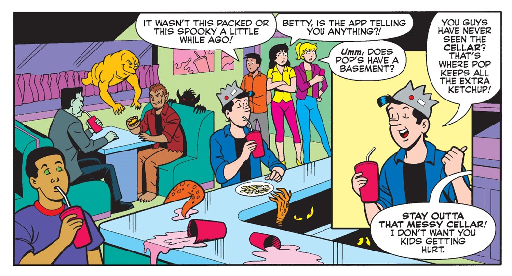 Jughead, Betty, and Veronica are in Pop's Chocklit Shoppe, which is full of monsters, including a werewolf and a tentacle monster. The girls say they have to investigate what's going on in the basement.