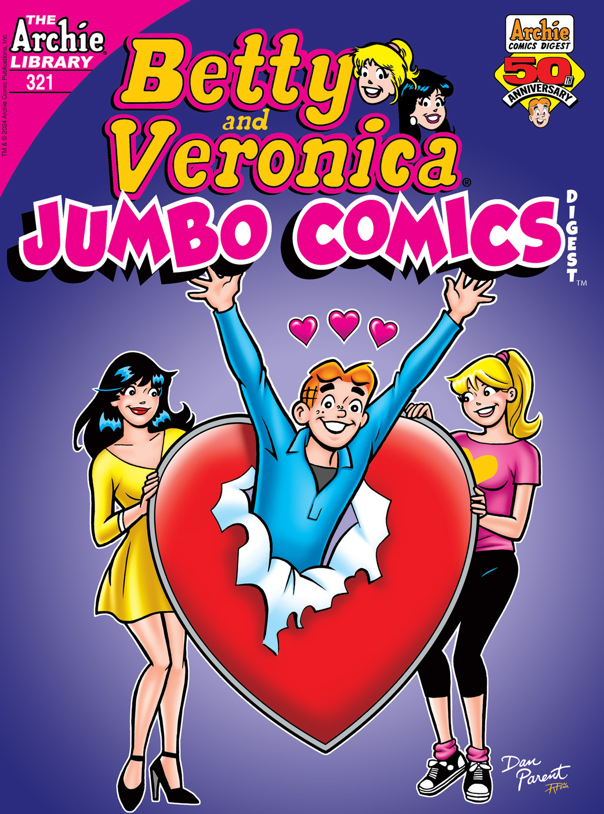 Archie jumps out of a giant heart as Betty and Veronica look on smiling. Archie has hearts floating around his head.