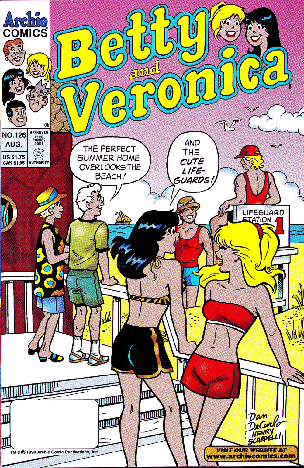 Cover of BETTY AND VERONICA #126. Betty and Veronica are on the beach. Mr. Lodge comments about the great view, and Veronica says it's a great view of the cute lifeguards.