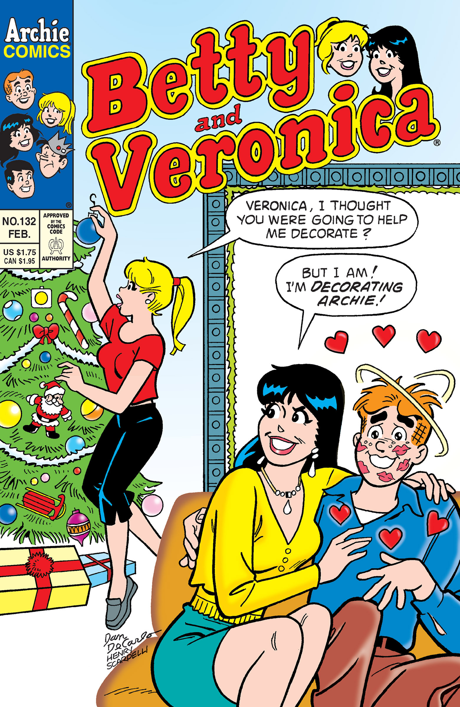 Betty is decorating a Christmas tree and complains that Veronica isn't helping her. Veronica says she's decorating Archie, who is covered in lipstick marks.