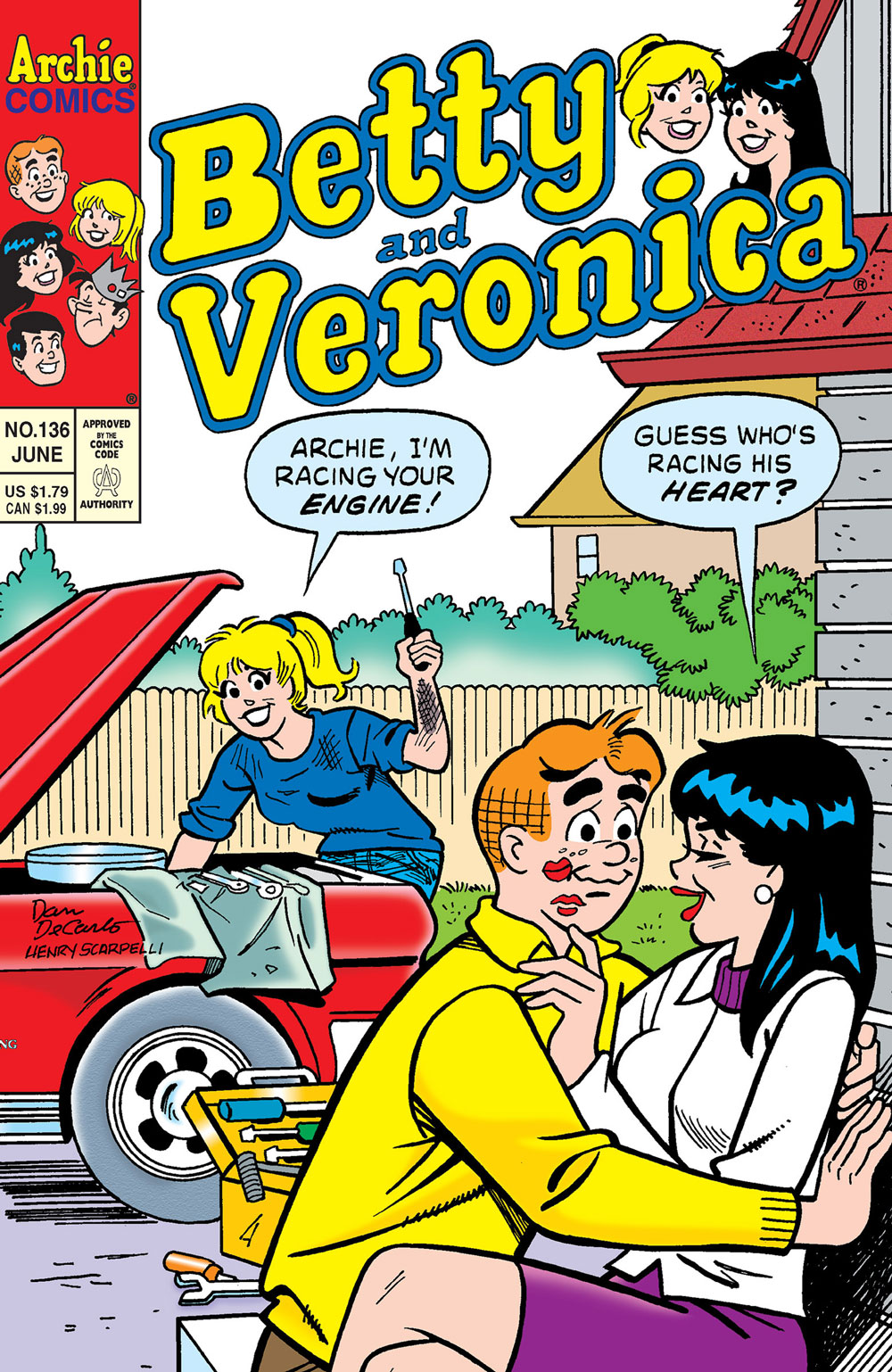 Betty fixes Archie's car while Veronica kisses him. Betty says she's racing his engine and Veronica says she's racing his heart.