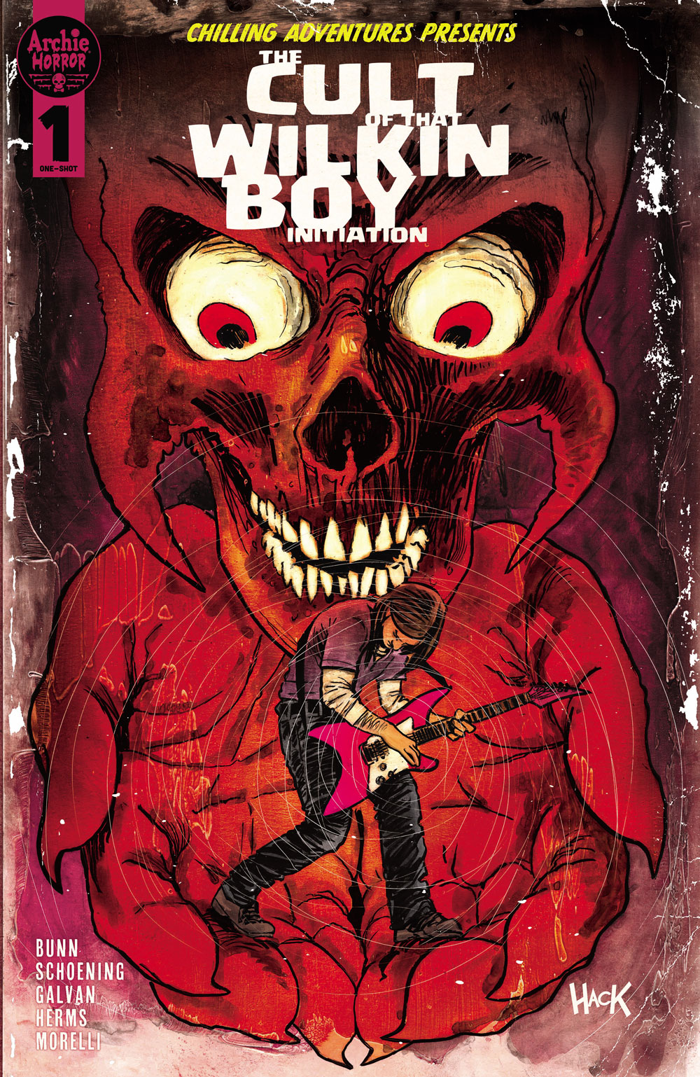 Bingo Wilkin, an Archie Comics character, plays guitar in the palm of a demonic figure's hand, who looks down at him menacingly with a skull-like face.