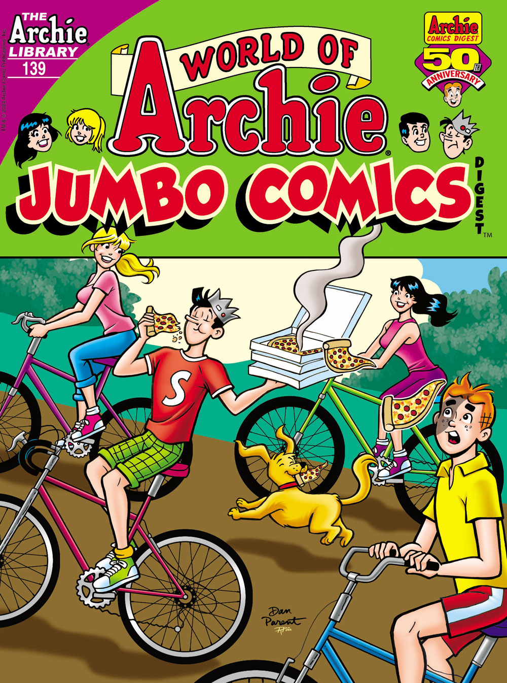 Archie and the ganag are riding mountain bikes on a trail, but Jughead is holidng a pile of pizza boxes and eating a slice. 