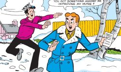 Panel from an Archie Comics story. Jughead and Archie talk about New Year's resolutions on a snowy day.