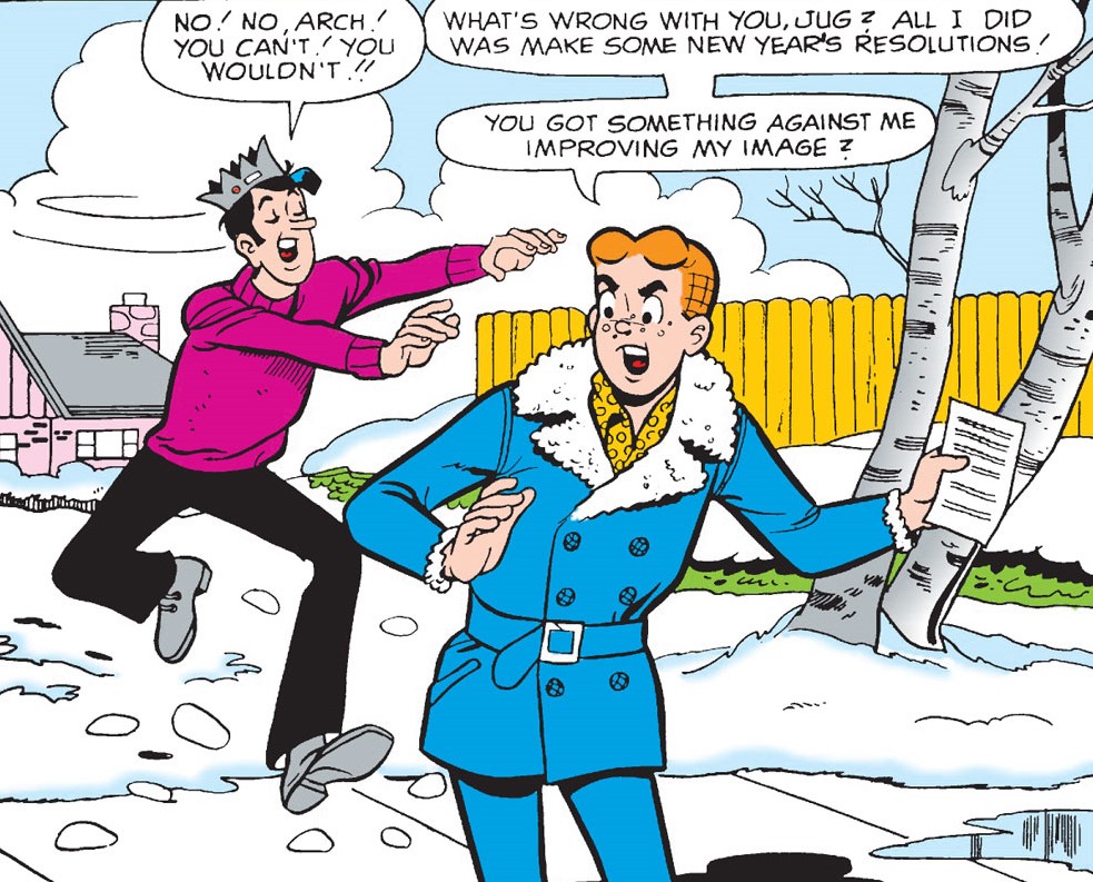 Panel from an Archie Comics story. Jughead and Archie talk about New Year's resolutions on a snowy day.
