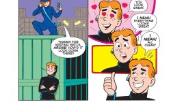 A panel from an Archie Comics story. Fran Frazer and Archie are on a stakeout but Archie is distracted by his romantic feelings for her.
