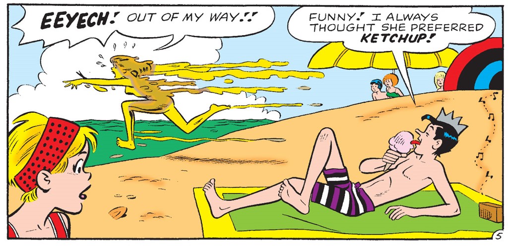Panel from an Archie Comics story. Veronica is covered in mustard and running across the beach to the water, screaming. Jughead says he thought she preferred ketchup.