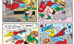Panels from an Archie Comics story. SuperTeen, Betty Cooper's superhero alter ego, fights a villain in a green suit with red hair in a rocky cave.