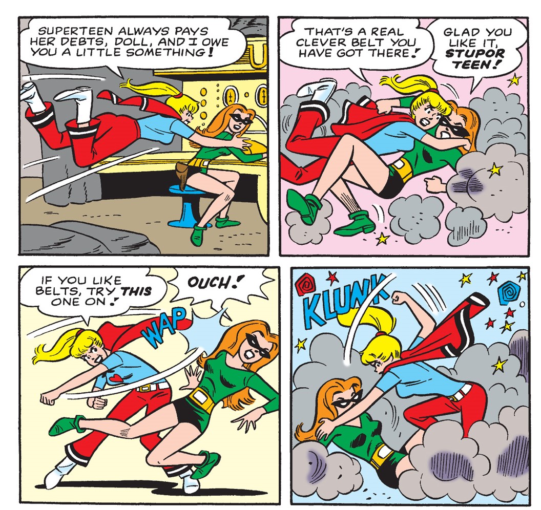 Panels from an Archie Comics story. SuperTeen, Betty Cooper's superhero alter ego, fights a villain in a green suit with red hair in a rocky cave.