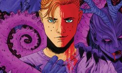 Archie Andrews stands in front of a swarm of purple monsters with tentacles and horns, looking out at the reader with blood covering half of his face.
