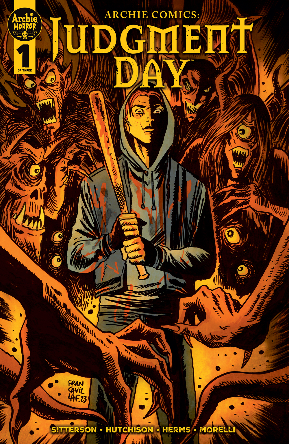 Archie Andrews stands in the middle of a swarm of orange- and sepia-tinted monsters, holding a baseball bat with a determined look. The bat and his hoodie sweatshirt are covered in blood. Half of his face is obscured in shadow.