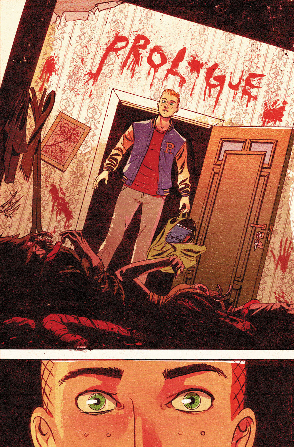 An Archie Comics page. Archie walks into a bloody room with the word "Prologue" scrawled on the wall in blood.