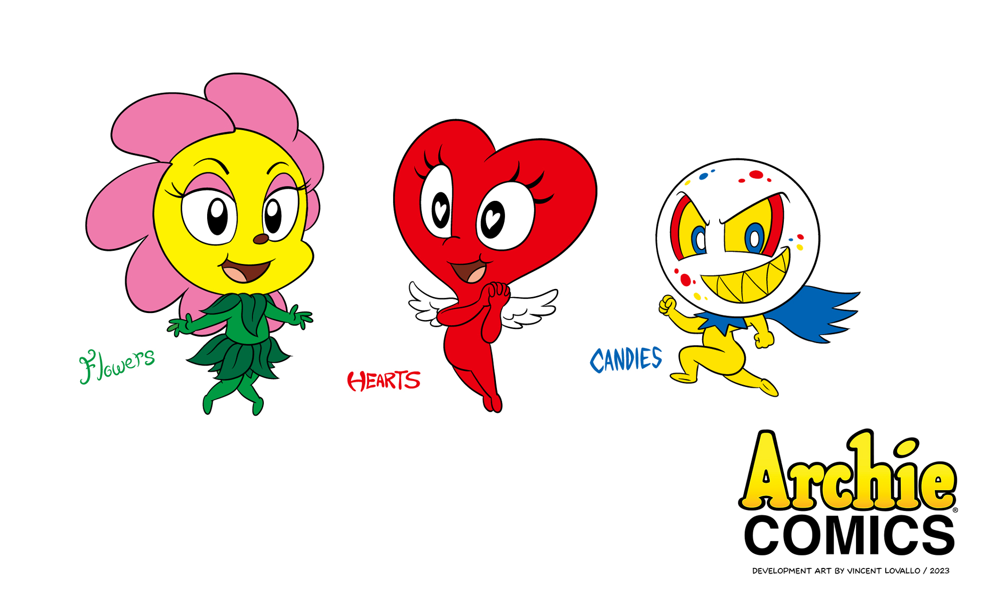 Development art for the characters Flowers, Hearts, and Candies, the Spirits of Valentine's Day.