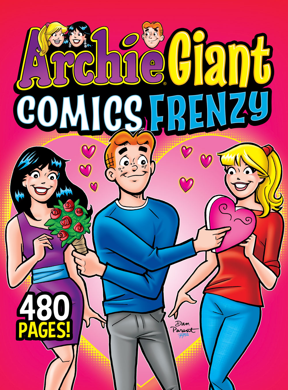 Archie hands Betty and Veronica Valentine's Day gifts simultaneously, with hearts floating in the background. Veronica gets a bouquet of roses and Betty gets a box of chocolate.