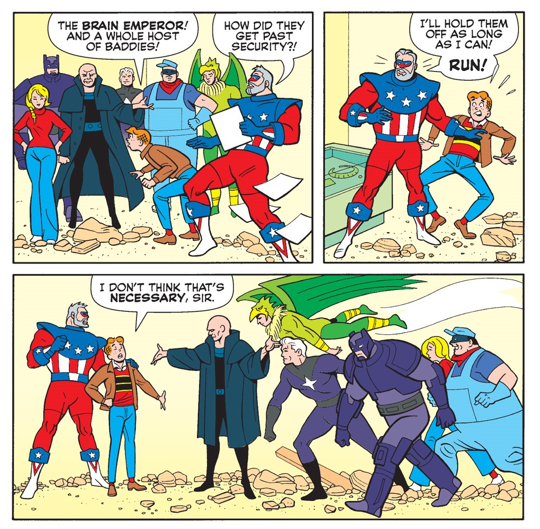 A series of panels from an Archie Comics story, in which Archie and The Shield, a patriotic superhero, face off against a group of supervillains.