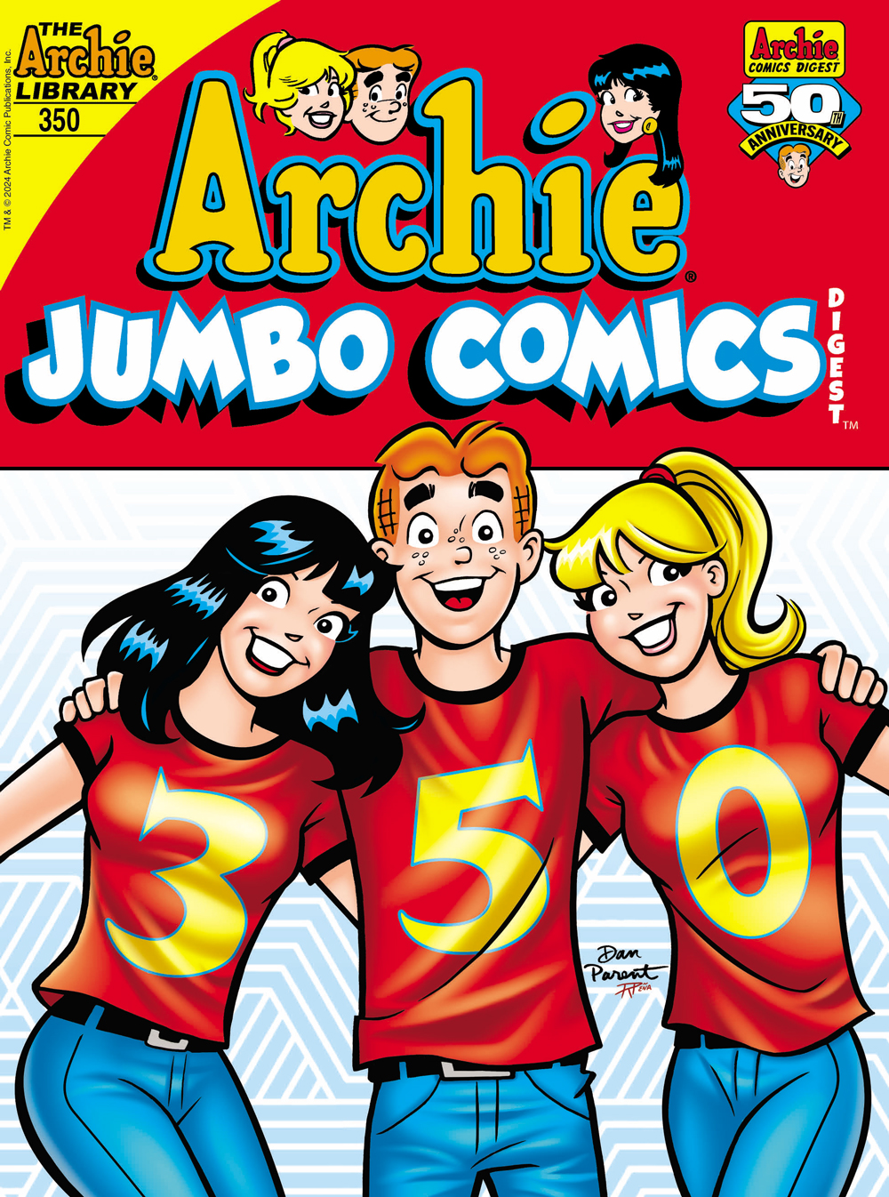 Archie, Betty, and Veronica smile at the viewer, each wearing shirts with a different number; when combined, the number is 350, which is the issue number the image commemorates.