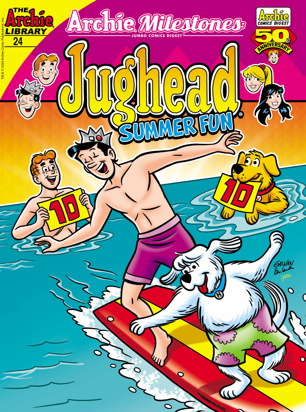 Jughead and his dog Hot Dog share a surfboard, while Archie and Vegas the dog float in the ocean behind them holding up signs with their 10-out-of-10 rating for his moves.