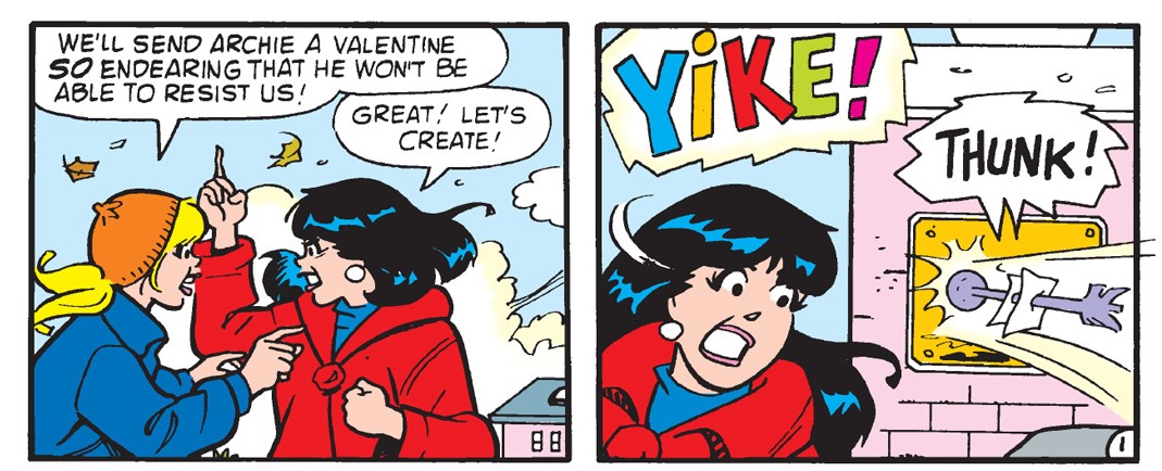An Archie Comics panel. Betty and Veronica talk about Valentine's day when a Cupid's arrow whizzes by and strikes a wall behind Veronica.