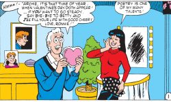 Panel from an Archie Comics story. Mr. Lodge reads a valentine card that Veronica wrote for Archie out loud while she listens proudly.