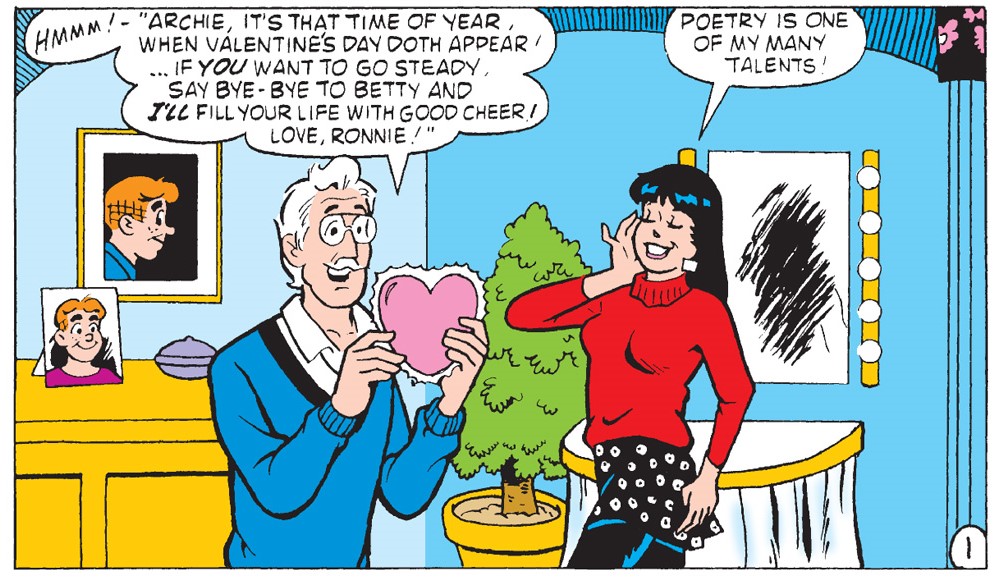 Panel from an Archie Comics story. Mr. Lodge reads a valentine card that Veronica wrote for Archie out loud while she listens proudly.