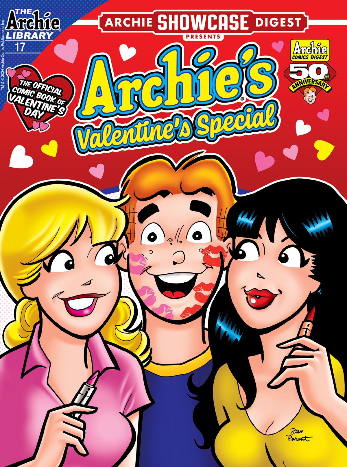 Betty and Veronica stand on either side of Archie, who has lipstick marks all over both cheeks.