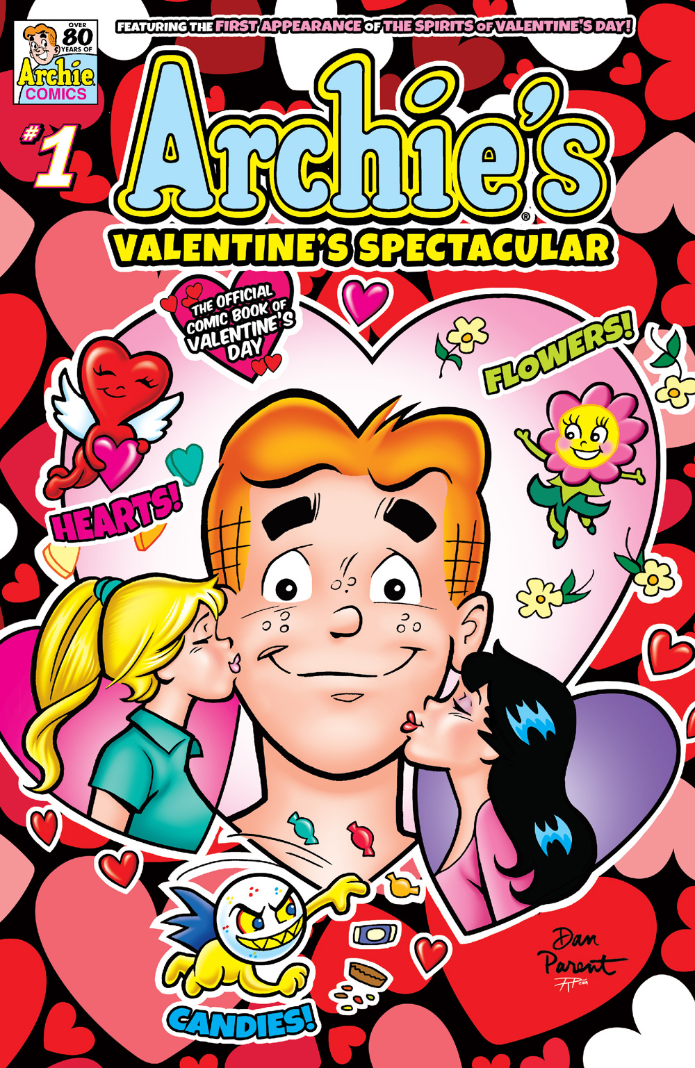 Archie gets kissed by Betty and Veronica on each cheek while the Spirits of Valentine's Day float around them. The spirits are Hearts, a heart with angel wings, Flowers, a smiling yellow Daisy in a dress, and Candies, a hard white candy with a mischeivous grin on his face.