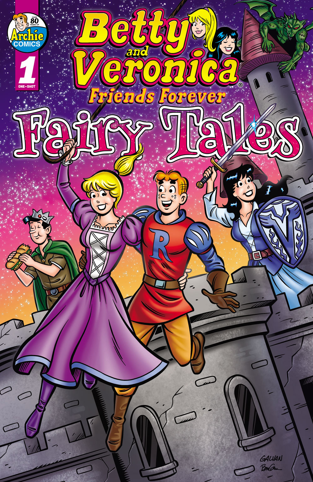 Betty, Archie, and Veronica, all wearing fairy tale costumes, are on top of a medieval castle at night, with a monster climbing a turret in the background. Veronica holds a sword while Betty swings off the ramparts, holding Archie. Jughead stands in the background casually eating a submarine sandwich.