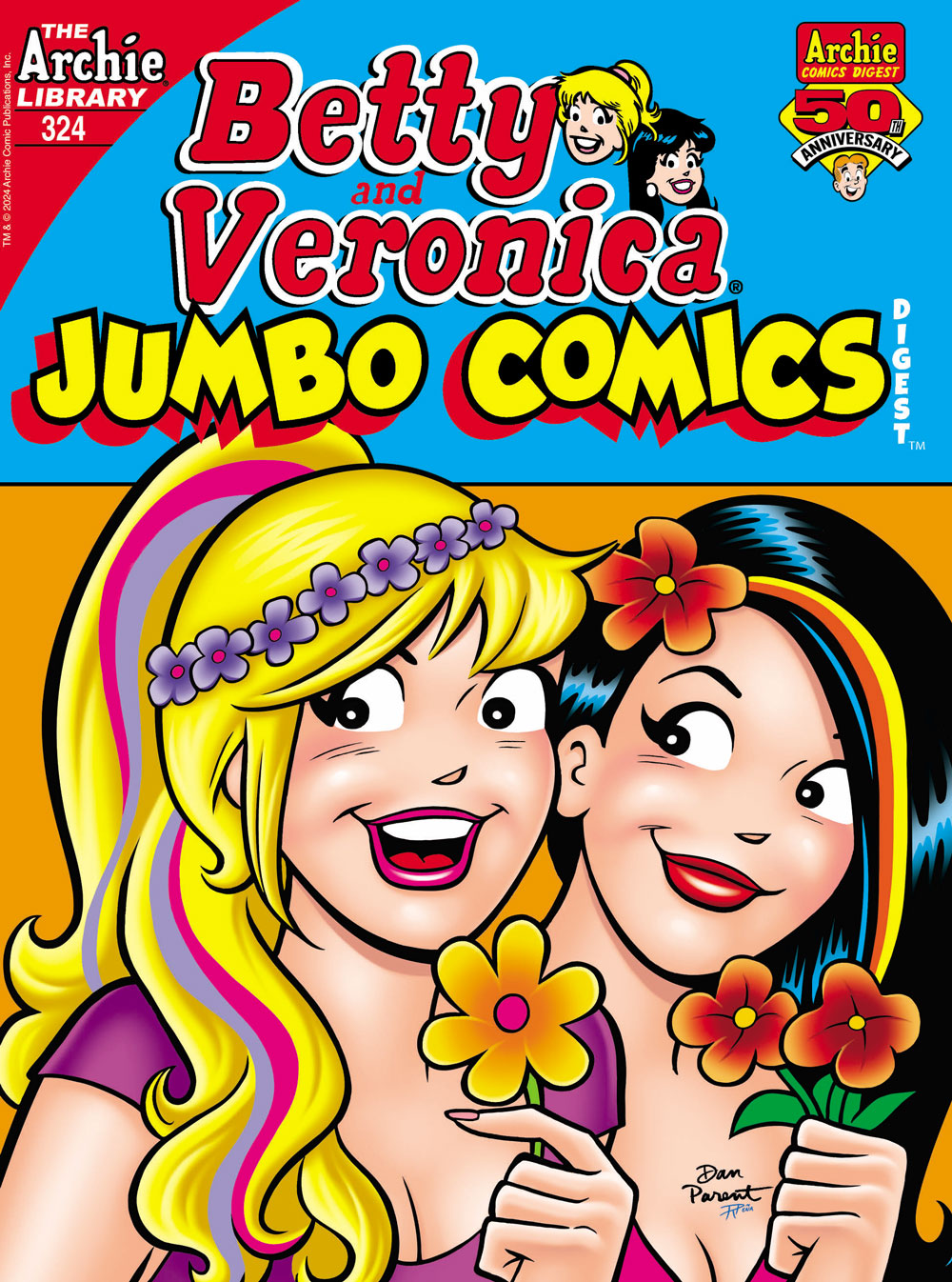 Betty and Veronica smile at the viewer, each wearing flower tiaras and flowers pinned to their hair.