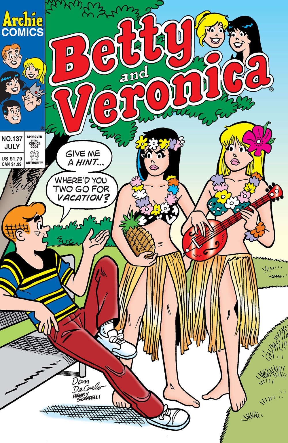 Betty and Veronica are wearing traditional Hawaiian dress. Archie asks them to give him a hint about where they went on vacation.