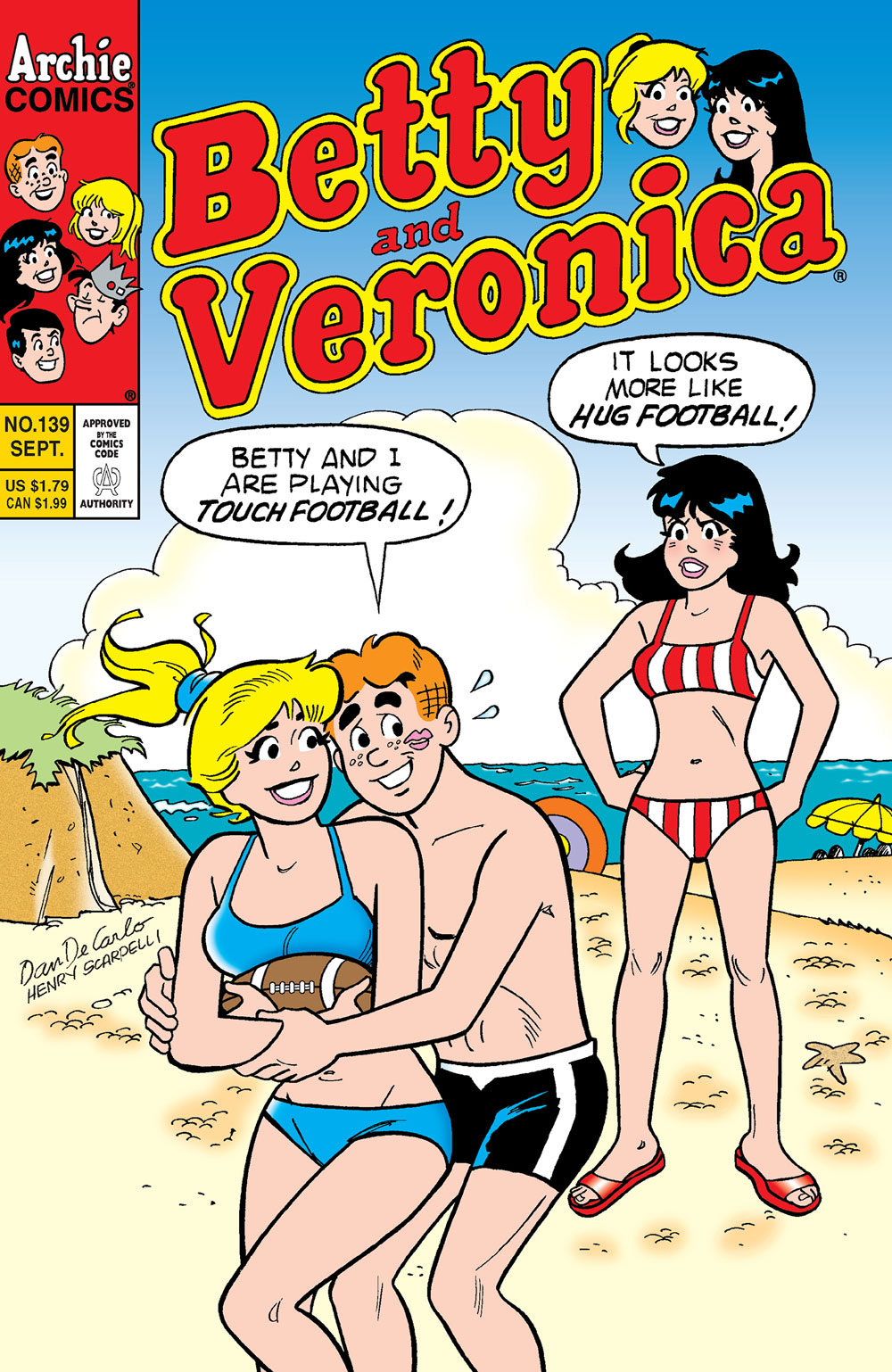 Betty and Archie play touch football on the beatch. Veronica looks on angrily and says it looks more like hug football.