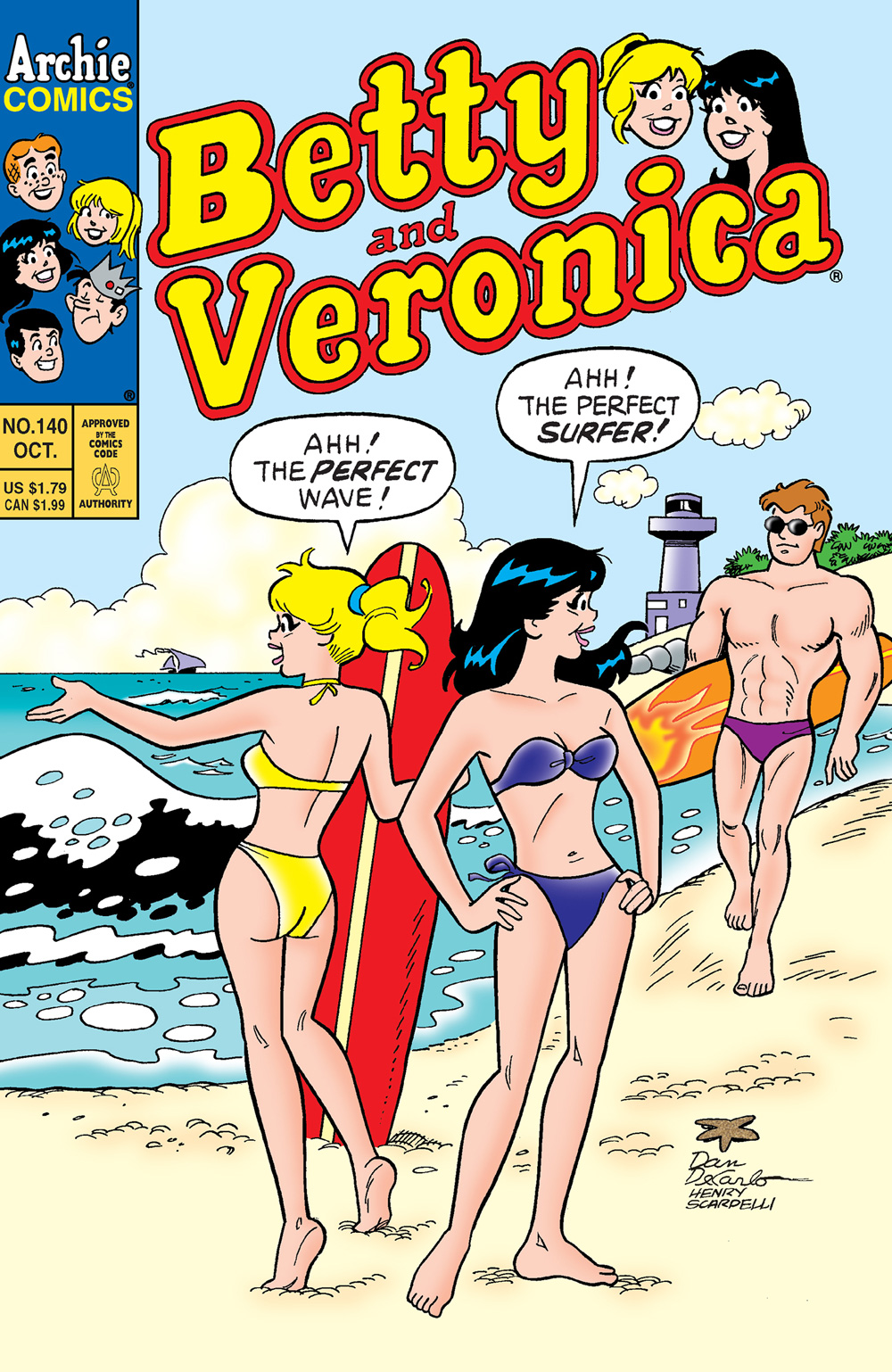 Betty and Veronica are on the beach while an unknown surfer walks towards them. Betty says she sees the perfect wave, and Veronica says she sees the perfect surfer.