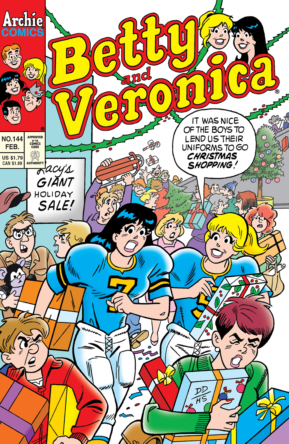 Betty and Veronica are at the mall for a crowded holiday sale, wearing football uniforms to protect themselves from everyone.