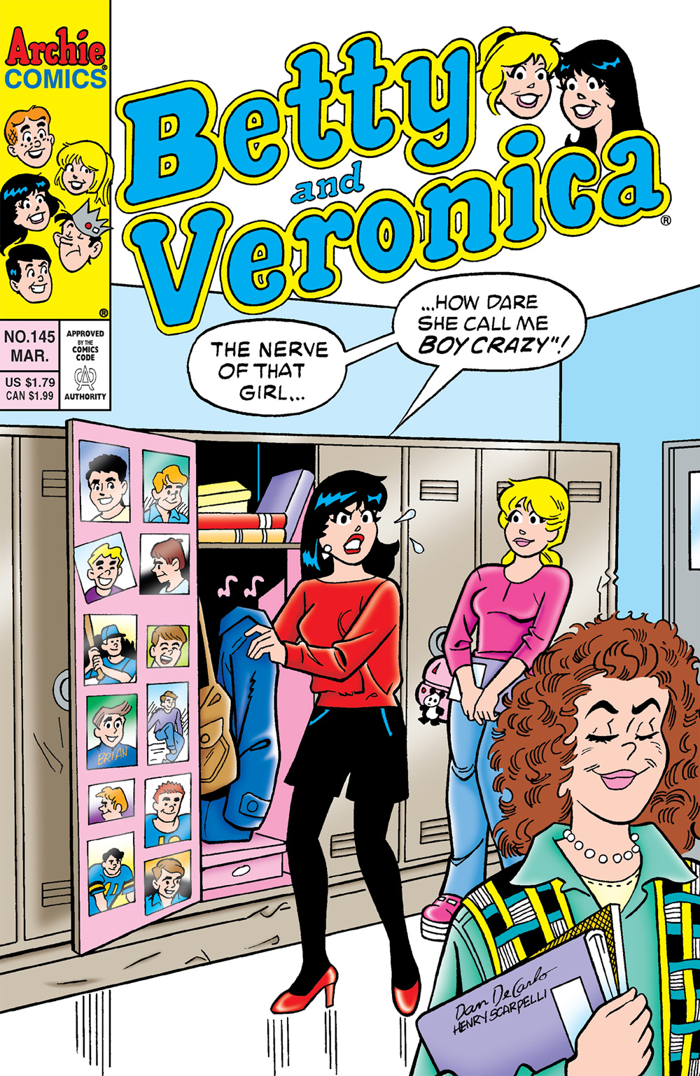 Betty and Veronica are at Veronica's locker in school. Veronica is mad that another girl said she's boy crazy, but meanwhile, we can see that her locker is covered with photos of boys she likes.