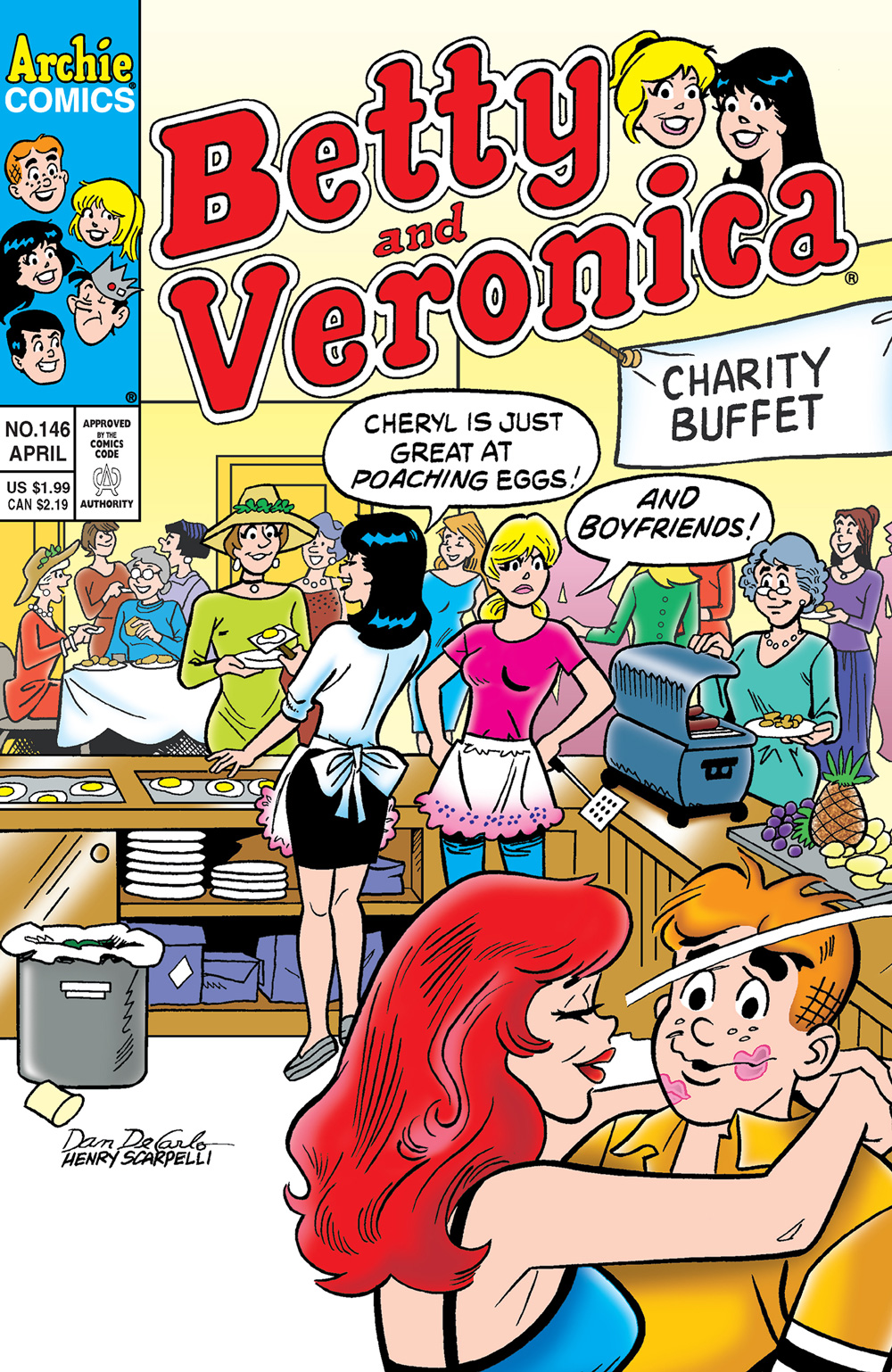 Betty and Veronica are serving food to customers at a buffet to benefit charity. Behind them, Cheryl Blossom is kissing Archie. Veronica says Cheryl is good at poaching eggs, and Betty says she's also good at poaching boyfriends.