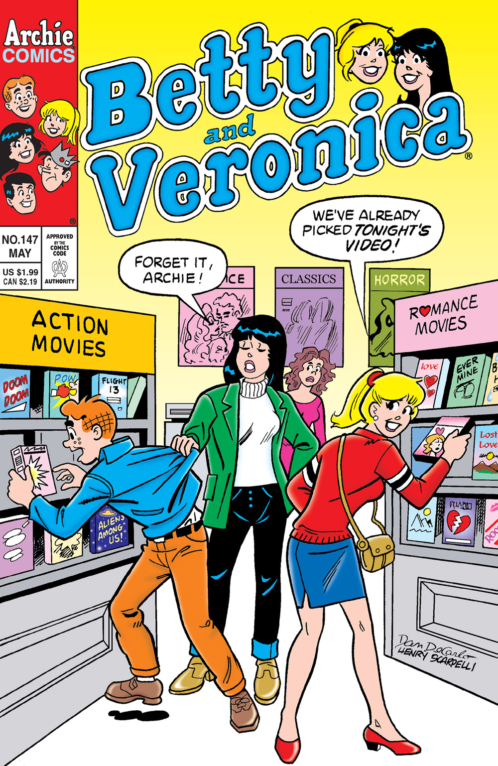 Archie, Betty, and Veronica are in a video store (which old people will remember is a place where you had to go to physically rent and buy movies in the last millennium). Archie is excited about an action movie, but Veronica tells him that she and Betty have already picked a romance movie to watch tonight instead.