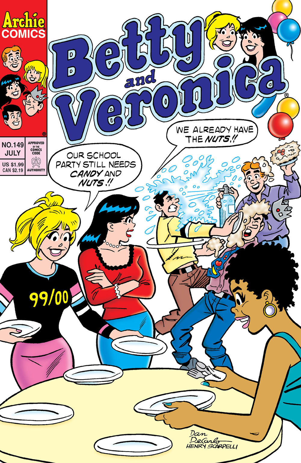Betty, Veronica, and Nancy set up a dining table for a party, while Reggie, Archie, and Jughead have a food fight behind them with pies and bottles of seltzer. Betty says their party still needs candy and nuts, and Veronica, looking at the boys, says they already have the nuts. 