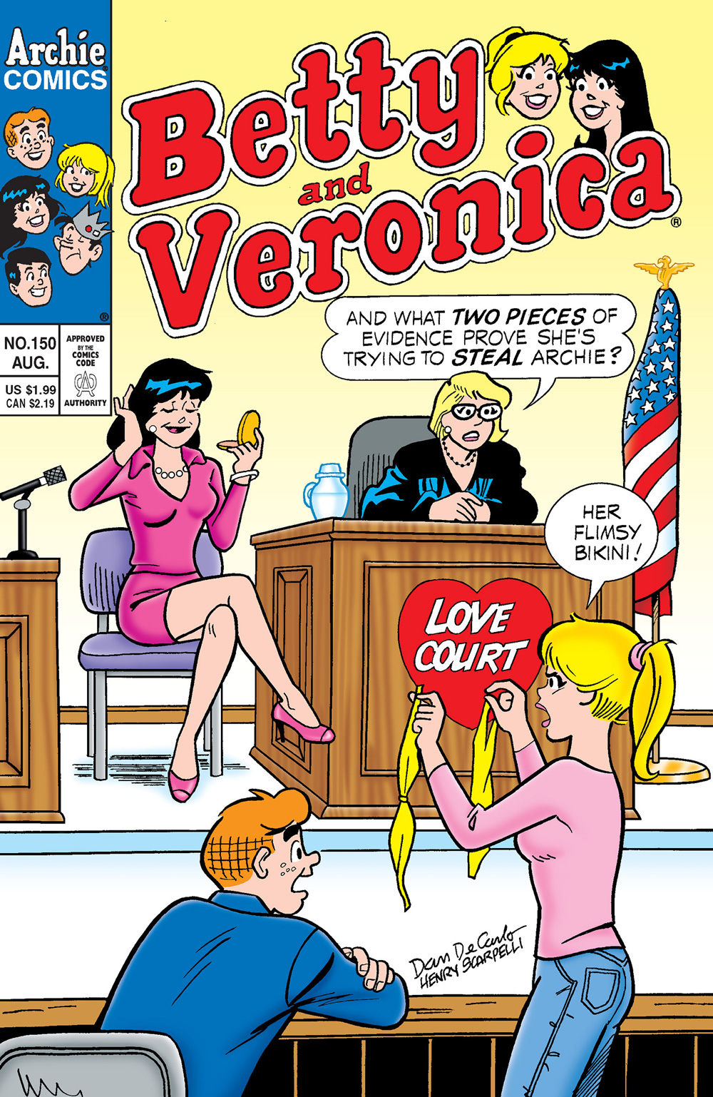 Veronica is on the witness stand next to a judge in a place called Love Court. Archie sits in the foreground while Betty stands up presenting her case like a lawyer. The judge asks Betty what evidence she has to prove that Veronica is trying to steal Archie. Betty, holding a yellow swimsuit, says her evidence is Veronica's flimsy bikini.