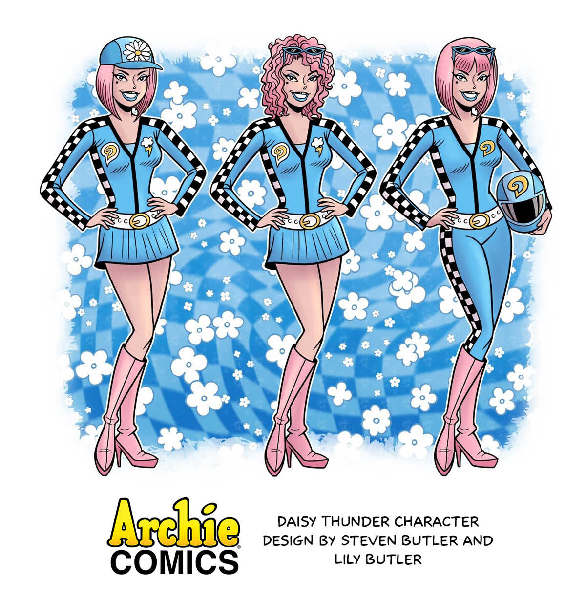Development art for Daisy Thunder, an Archie Comics character. Daisy is selnder with short pink hair, wearing a blue stunt racing jumjpsuit with star-spangled black stripes down the sides, and knee-high pink boots with high heels. Three different versions of Stacy with slightly different clothing and hair styles stand in front of a decorative blue field with white daisy flowers.