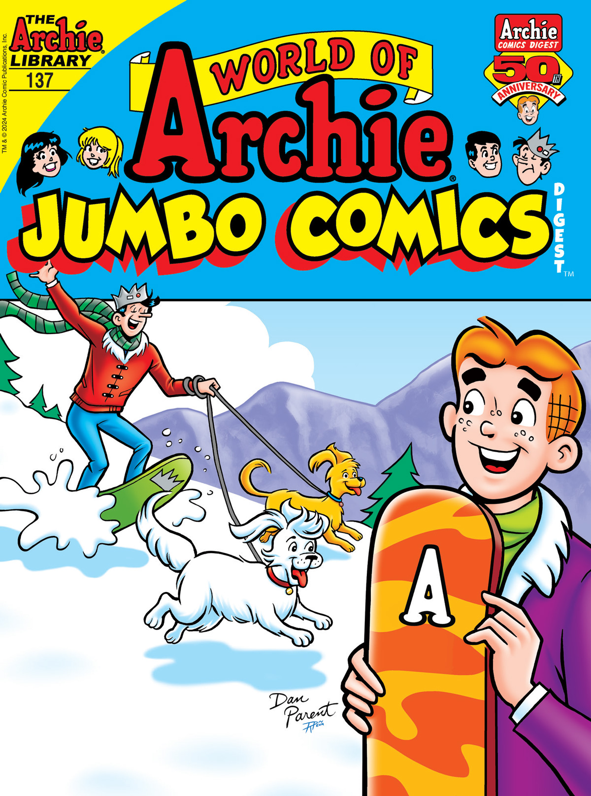 Archie and Jughead snowboard down a hill. Jughead has theit two dogs, Vegas and Hotdog, on leashes.