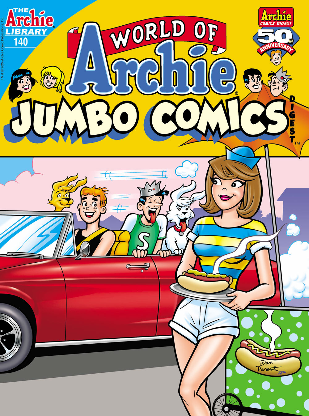 Archie, Jughead, and their two dogs Vegas and Hot Dog, drive by a woman running a hot dog stand. She's holding a hot dog with good smells pouring off of it. The boys and dogs all look on hungrily, and Jughead and Hot Dog both pant with their tongues out.