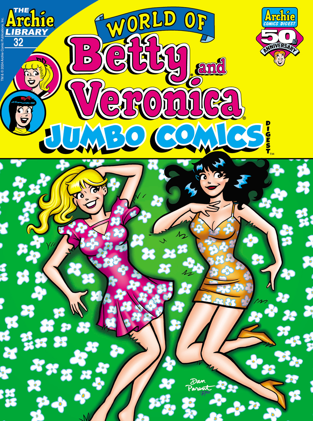 Betty and Veronica lay on a field of daisies, wearing daisy-printed sundresses. The look up smiling at the viewer.