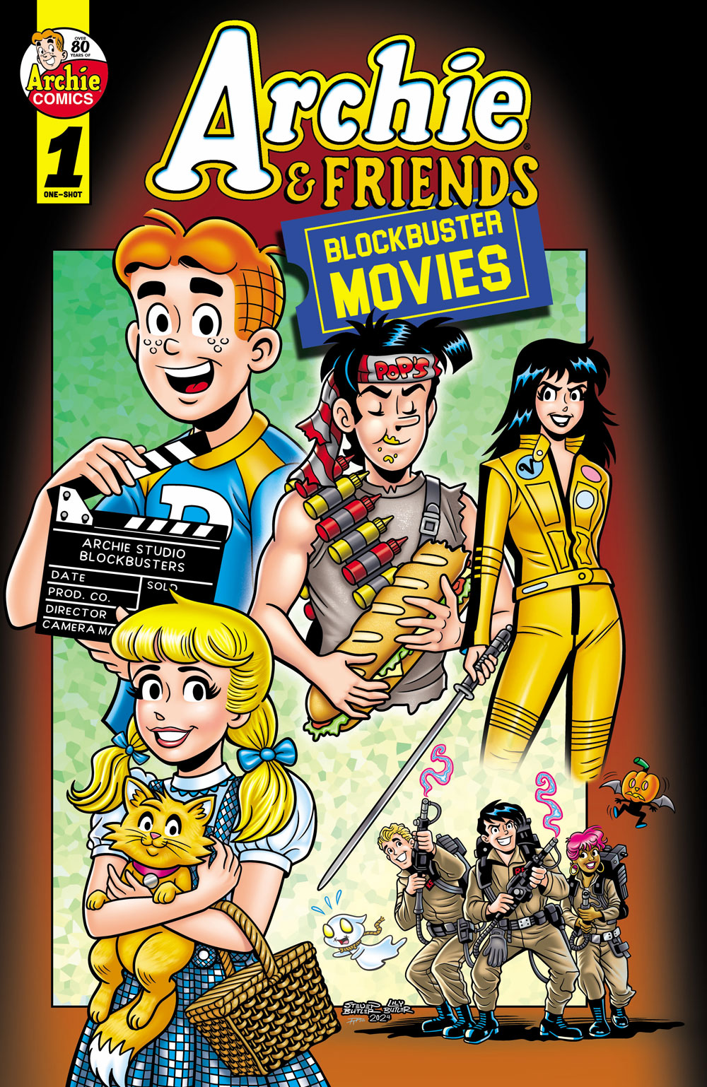 The Riverdale gang pose as various characters from blockbuster films, except Archie who is wearing his normal clothes and holds a clapperboard that says: Archie Studio Blockbusters. Jughead is dressed like Rambo and is holding a huge submarine snadwich. Betty is dressed as The Bride from the movie Kill Bill, in a yellow jumpsuit and holding a sword. Kevin, Reggie, and Toni are dressed as Ghostbusters, while Trick and Treat the Halloween imps float behind them with scared looks on their faces. Betty is dressed as Dorothy from the Wizard of Oz, with pigtails and a blue dress, and she is holding her orange cat Caramel.