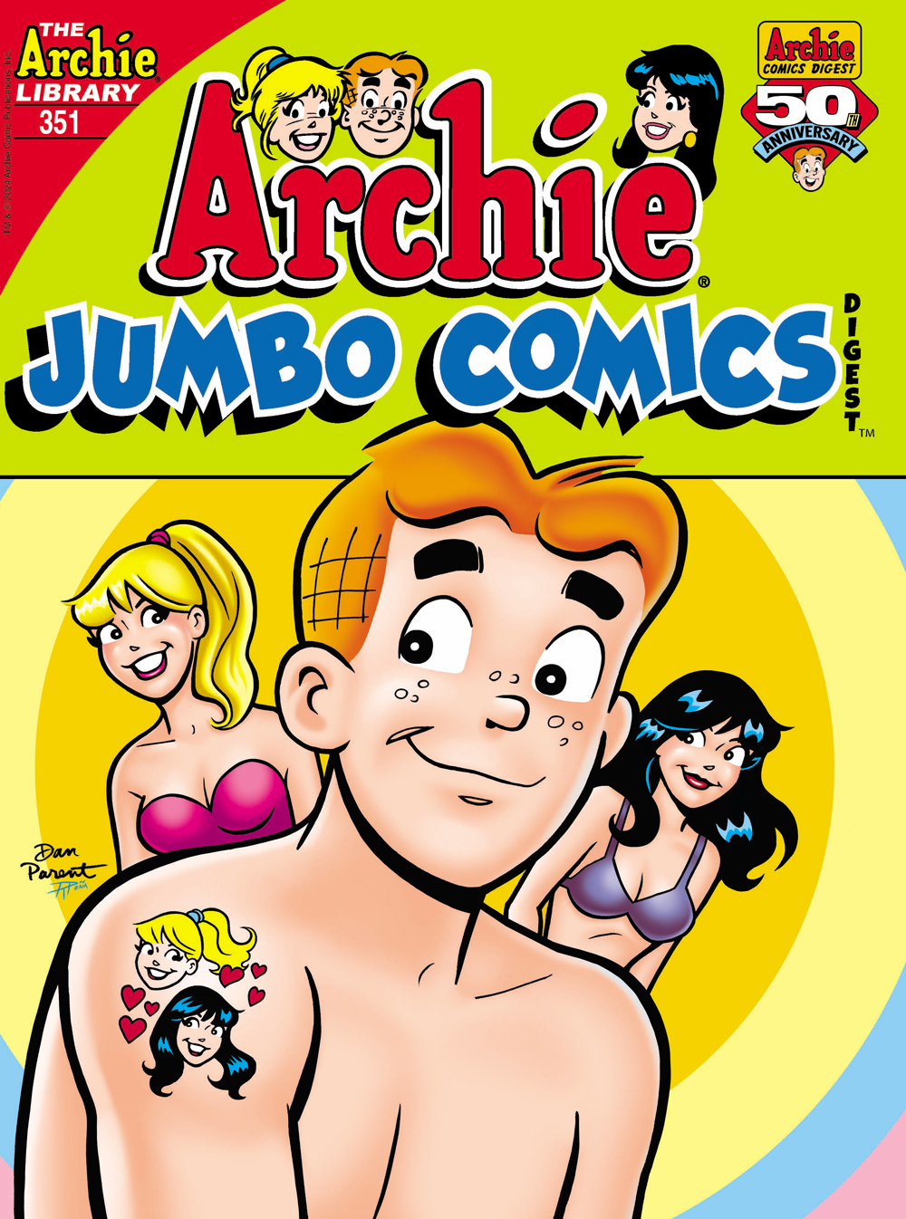 Archie looks out at the reader smiling. His shirt is off and he has a temporary tattoo on his arm of Betty and Veronica with hearts floating around them. Betty and Veronica stand behind him, smiling, wearing swimsuits.