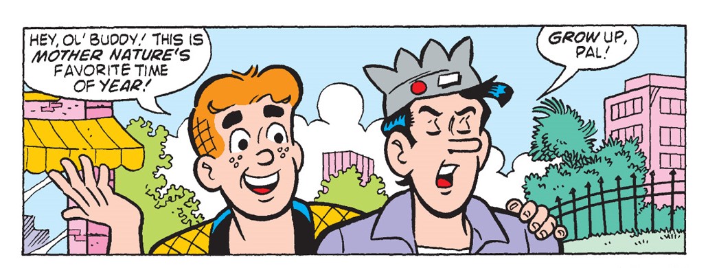 Panels from and Archie Comics story. Archie tries to convince Jughead that Spring is the best time of year but he isn't convinced.