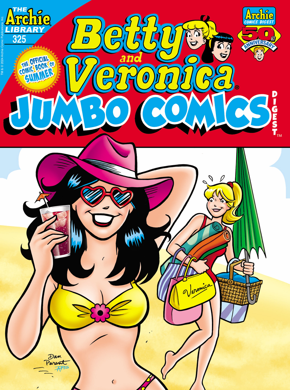 Betty and Veronica are at the beach in swimsuits. Veronica, wearing heart shaped sunglasses and a pink sun hat, smiles at the reader holding a glass of soda. Betty, in the background, smirks disapprovingly at Veronica because she is carrying all of their beach gear.