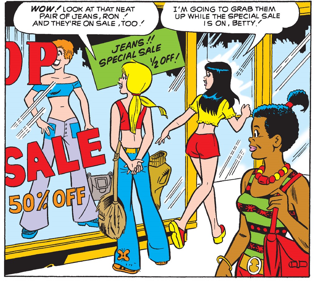 Panel from and Archie Comics story. Betty and Veronica window shop outside and notice a sale on jeans.