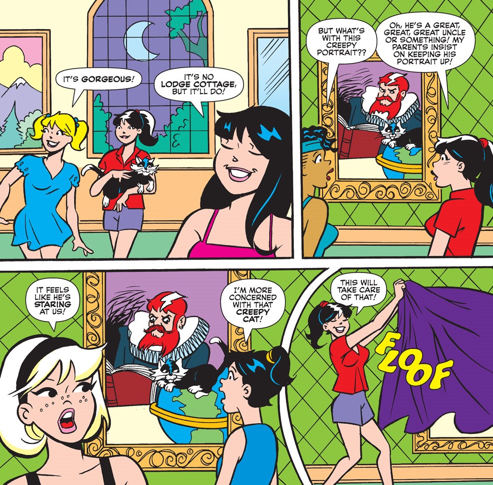 Panels from an Archie Comics story. Betty, Veronica, Sabrina, and ALexandra Cabot are at Alexandra's family mansion for a sleepover. They cover up a creepy painting with a blanket.